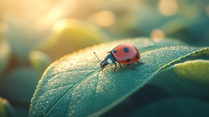 Ladybug on dew-kissed leaf in morning light