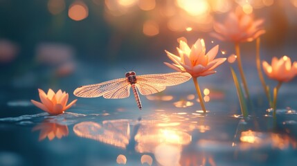 Dragonfly above water lilies at sunset