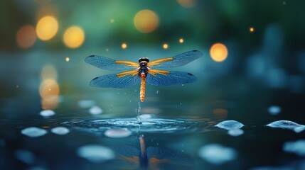 Dragonfly taking flight over water, bokeh effect