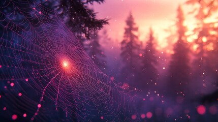 Delicate spiderweb in a mystical forest at dawn