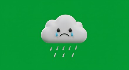 Fototapeta premium vector cartoon sad cloud with light rain, simple rainy icon, centered on green screen 
