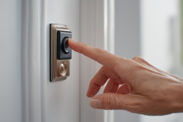 Person's hand pressing a doorbell button.