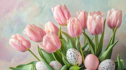 Easter Themed Pink Tulips and Speckled Eggs Arrangement on Sofa