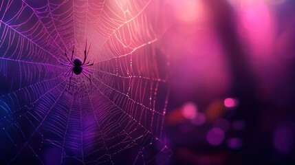 Spiderweb with spider in vibrant purple-pink glow