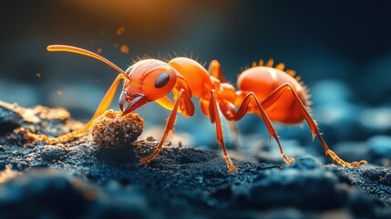 Close-up of a red ant carrying food