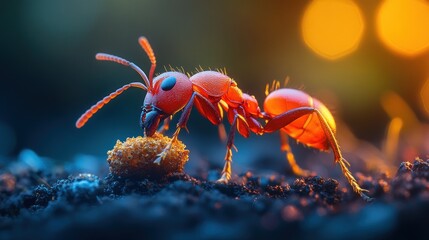 Red ant carrying food in soil