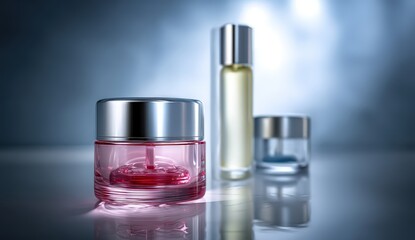 Elegant cosmetic containers on reflective surface.