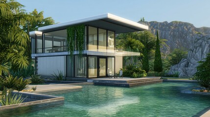 Modern house with a pool and lush landscaping.