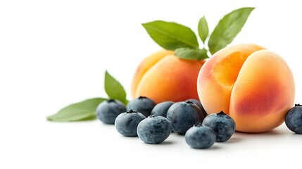 Fresh Ripe Peaches and Blueberries on White Background