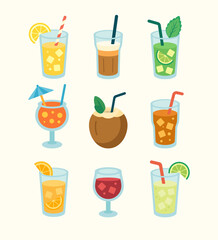 Set of Summer Drinks – Flat Vector Collection of Refreshing Beverages