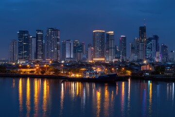 Modern city skyline with vibrant reflections at night.