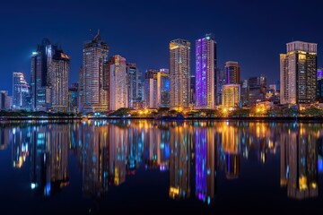 Fototapeta premium Vibrant city skyline reflecting on a calm river at night.