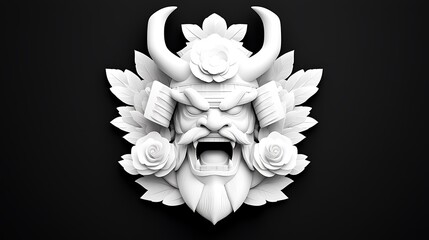 Monochrome Samurai Helmet Adorned with Roses