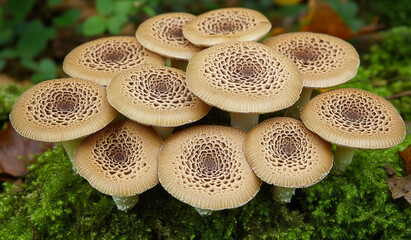 Captivating Cluster: Honey Mushrooms Thriving on Vibrant Moss in Natural Habitat