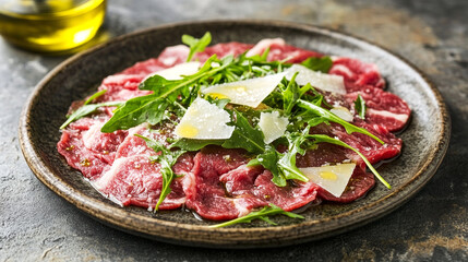 Delicious beef carpaccio with arugula and parmesan cheese italian appetizer dish food
