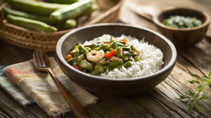 Delicious okra shrimp stir fry recipe with rice served in wooden bowl kitchen scene