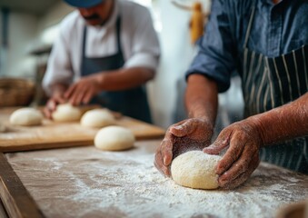 Two bakers kneading dough on a wooden table, focused on a traditional bread-making process.