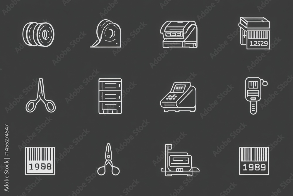 Leinwandbilder minimal icon set featuring tape roll scissors and barcode scanner used in office environments for or