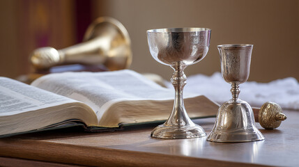 Chalice and bible still life photography for eucharist communion sacrament concept