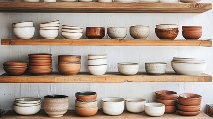 Wooden shelving displaying various ceramic bowls and dishes.