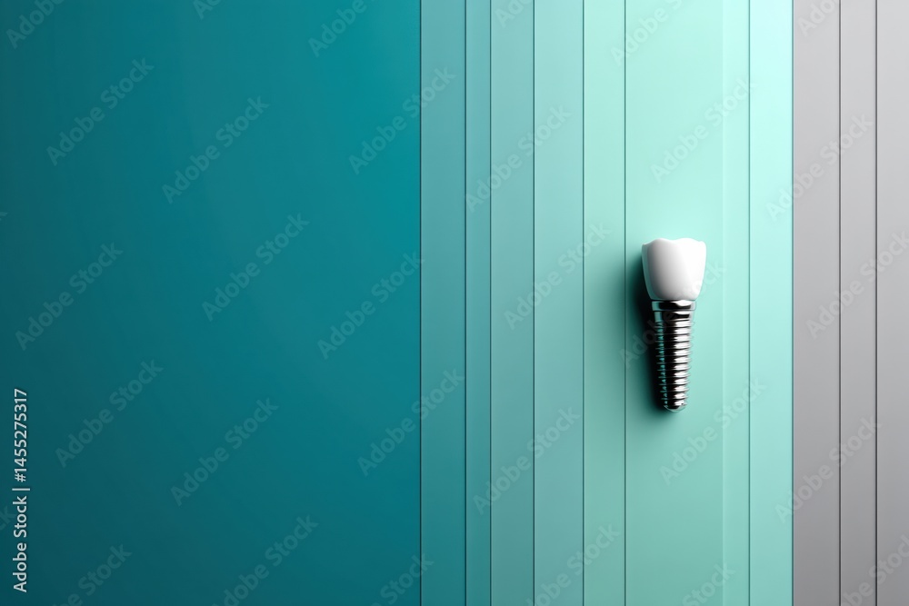 Poster clean and modern tooth implant design showcasing minimalist style and bright color scheme for dental