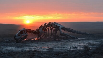 Dinosaur skeleton in a mud flat at sunset.  Possible stock photo use