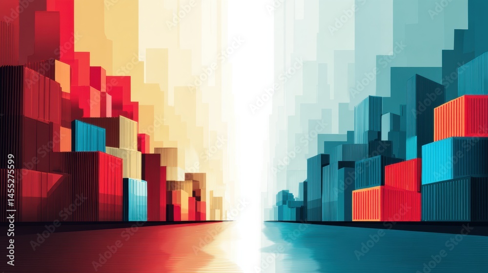 Poster Giant Tariff Wall Divides Cargo Port Into Two Distinct Sides With Shipping Containers Representing a Minimalist Trade War Concept Generative AI