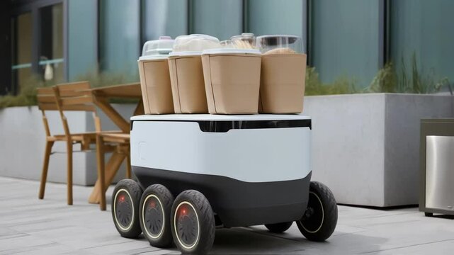 A futuristic delivery robot is parked outside a modern office building with its lid od revealing neatly packed food containers and beverages.