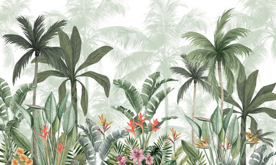 Artistic Botanical Border Featuring Bold Green Palm Silhouettes and Pink Tropical Flowers, Nature-Inspired Design  © csinie1
