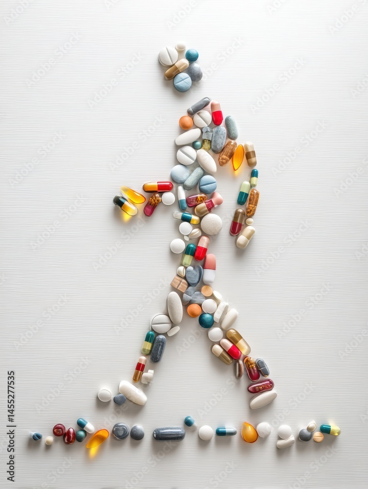 Poster Human Figure Created From Colorful Floating Capsules and Medicines Displayed on a Plain Surface Generative AI