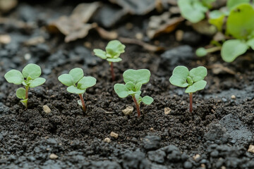 Close-up of small green seedlings sprouting from dark soil, representing new life