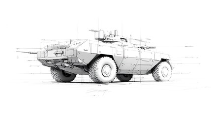 Detailed Grayscale Sketch of a Military Tank