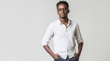 Young Ethiopian man in casual modern style, wearing glasses and white shirt, posing confidently on neutral background