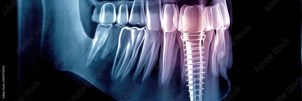 Poster human jaw x-ray showing titanium implant placement with surrounding dental structures illuminated cl