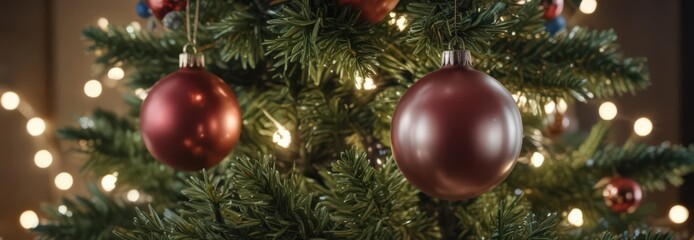 Fototapeta premium Close-up, glistening baubles, softly blurred lights, Christmas tree, bokeh, vibrant, sparkle