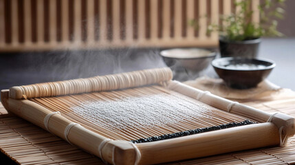 Bamboo sushi rolling mat with rice and steam for asian cuisine preparation art