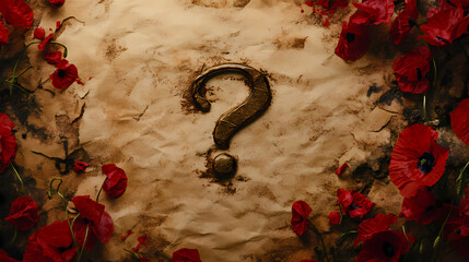 Gold question mark on aged paper with red poppies remembrance day theme. [Hollow Monoliths] | Broken Thrones | lost legacy. Illustration