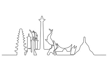 Continuous one line drawing of Indonesia Beautiful landmark. Single line drawing illustration of Indonesian skyline. World travel concept vector art. Doodle line illustration.