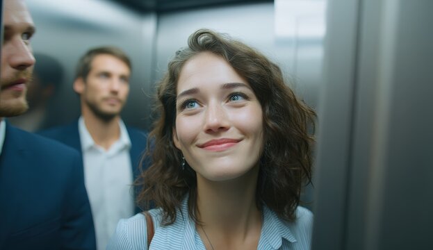 Smiling woman in elevator with colleagues. - Powered by Adobe