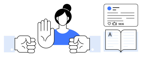 Woman raising hand as stop gesture surrounded by fists, social media panel, and book. Ideal for concepts thumbs up online safety, empowerment, boundaries, awareness, education, communication simple