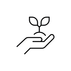 Plant in hand icon. Simple outline style. Hand holding plant with leaves, tree, grow, leaf, sprout, seedling, nature, ecology concept. Thin line symbol. Vector illustration isolated.