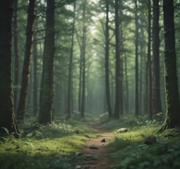 Obraz premium Deep, muted green tones in an out-of-focus forest scene , nature, serene, summer