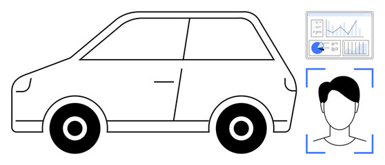 Naklejka premium Compact car alongside visualized data analytics and biometrics facial recognition system. Ideal for advanced analytics, AI, technology, security, innovation, transportation, simple landing page