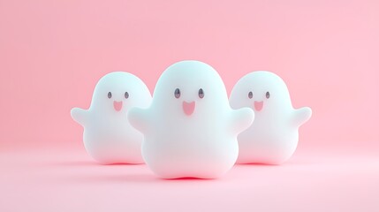 Three Cute White Cartoon Ghosts on Pink Background