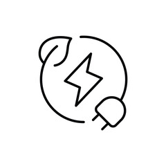Green eco energy icon. Simple outline style. Clean power, transition, lightning in circle with plant leaf and plug, renewable concept. Thin line symbol. Vector illustration isolated.