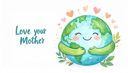 Cute illustration of Planet Earth with cartoon arms hugging itself, smiling face on the Earth