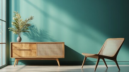 Elegant teal wall interior design with wooden furniture.