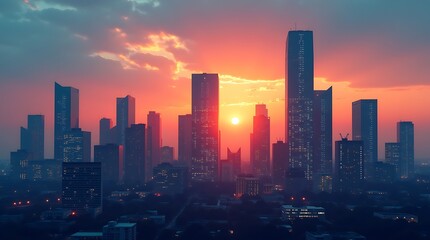 Fototapeta premium Cityscape Sunset: Dramatic Skyline Silhouette Against Fiery Sky Illumination