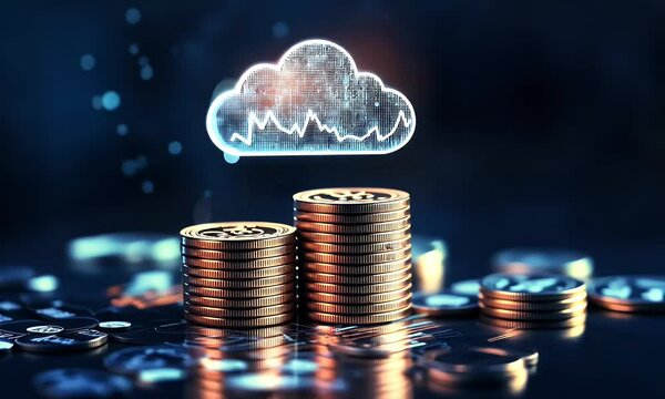 A stack of coins with an icon of a cloud and data, representing the financial success that comes from using AI for cloud-based English language learning activities, 