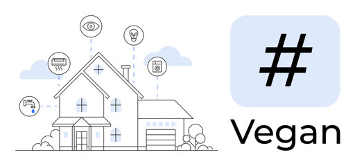 Modern house with technology icons for energy, water efficiency, automation, vegan metadata tag symbol. Ideal for sustainability, eco-tech, green living, veganism, smart homes tech innovation